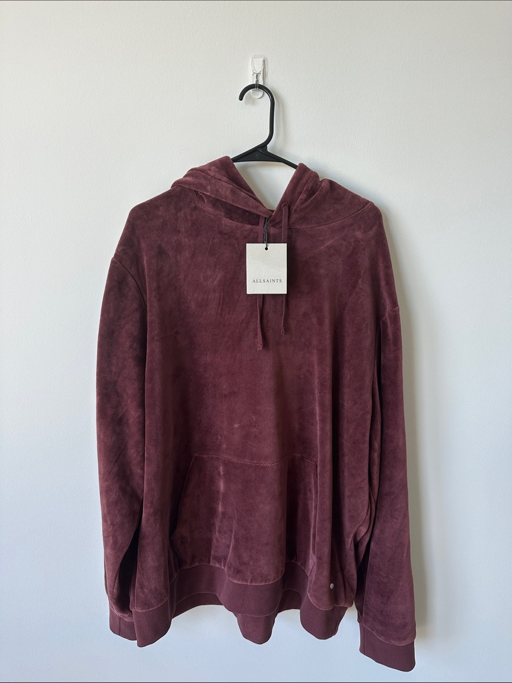 AllSaints Burgundy Hoodie with Velvet Texture